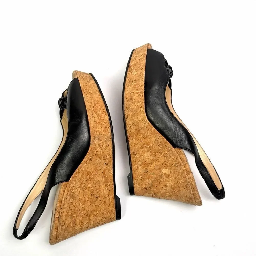 Christian Louboutin Cork Wedges Sandals Black Leather Peep Toe Slingback US 8